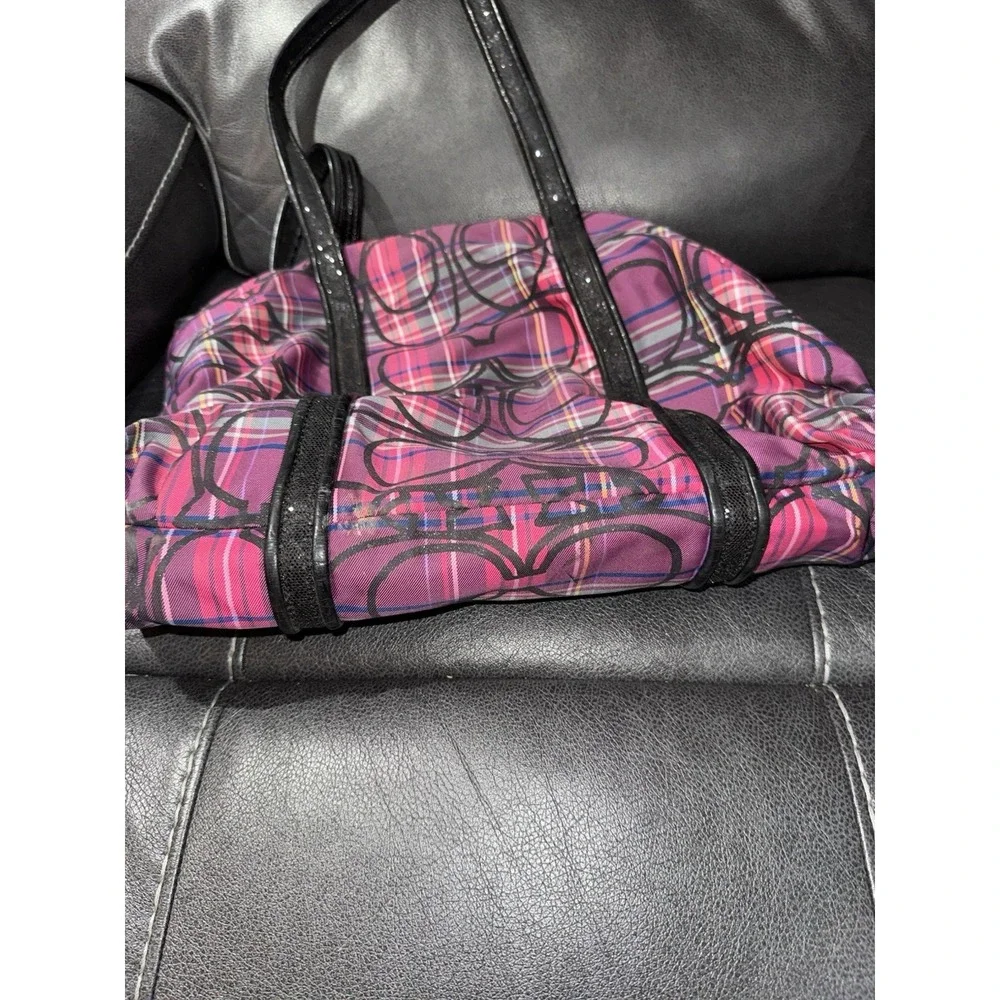 Coach Poppy Plaid Tote Pink Purple Black Zip Silver Hardware Pockets USED!!